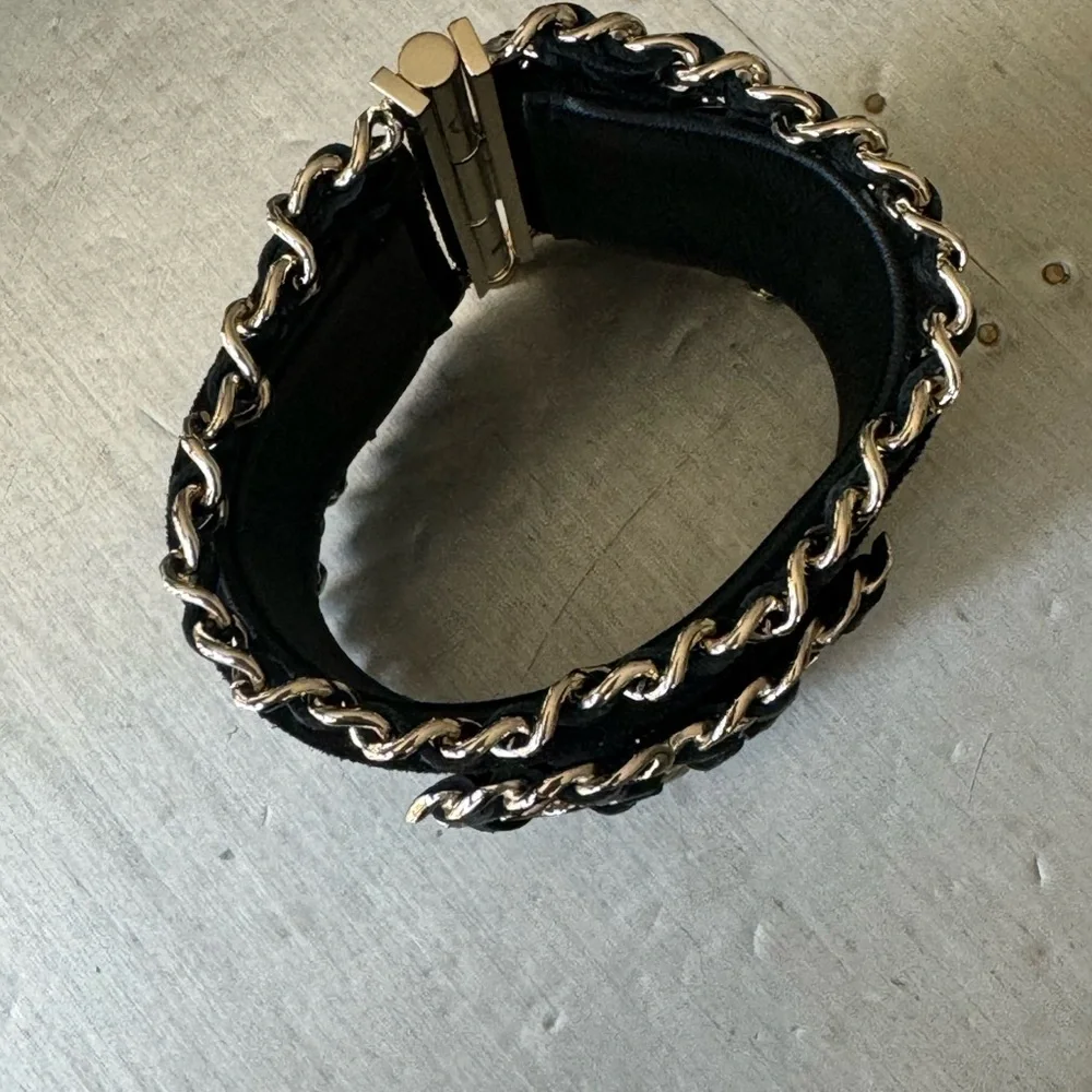Chanel black suede chain cuff logo bracelet rare Preowned authentic